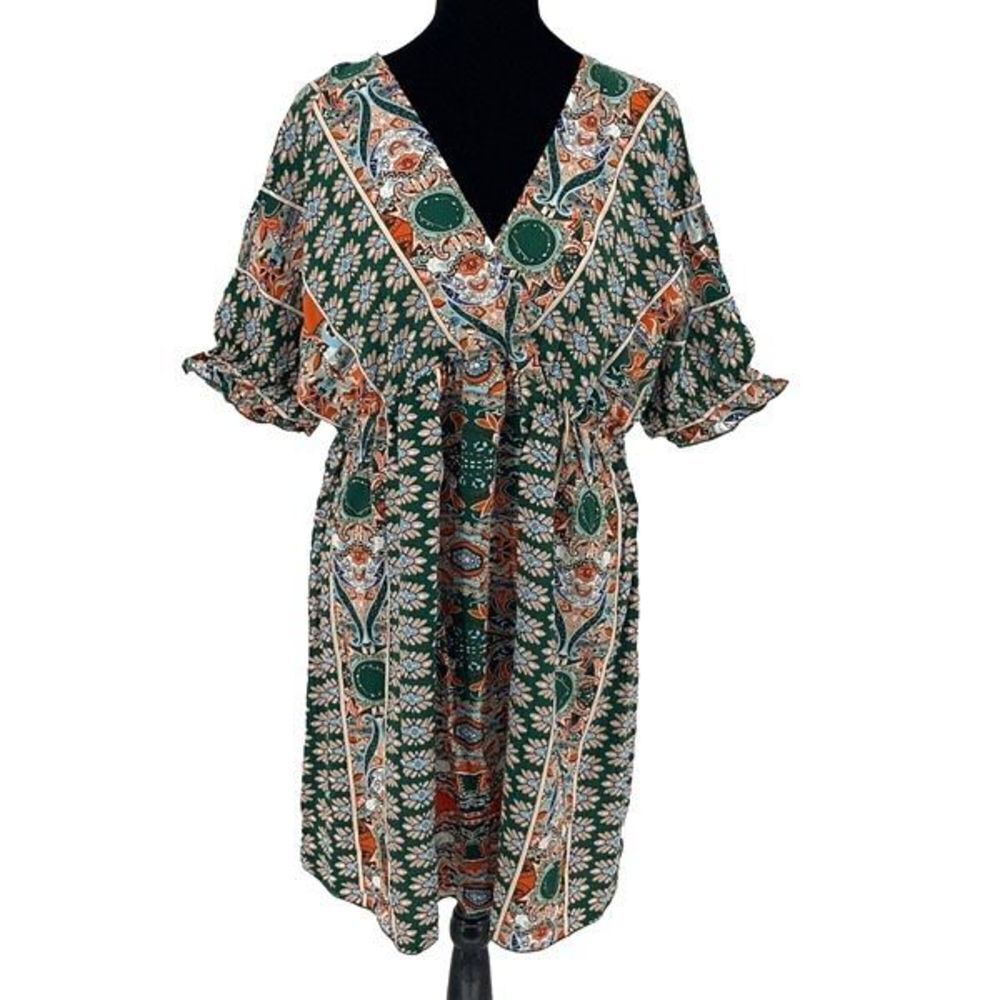 Shein Womens Surplice Front Boho Dress‎ V Neck Batwing Sleeve Green Orange Large